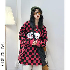 复古格子印花套头卫衣女秋bf慵懒风薄款情侣长袖上衣