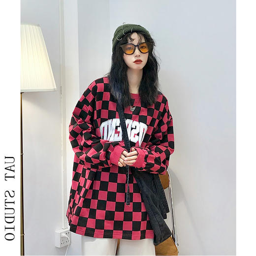 复古格子印花套头卫衣女秋bf慵懒风薄款情侣长袖上衣 商品图0
