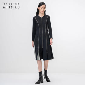 【散尾葵】拉链拼接两穿设计黑色撞色连衣裙/0000762