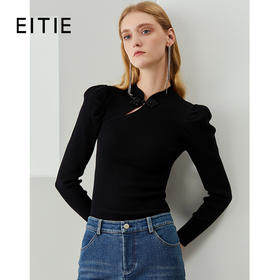 EITIE爱特爱秋季新款温柔复古中式立领盘扣修身纯羊毛针织衫C2101816