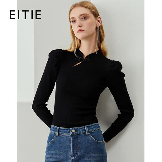 EITIE爱特爱秋季新款温柔复古中式立领盘扣修身纯羊毛针织衫C2101816 商品图0