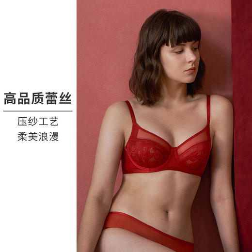 HSIA遐 内衣女轻薄款全罩杯上托bra睫毛花朵性感蕾丝大胸显小文胸 商品图2