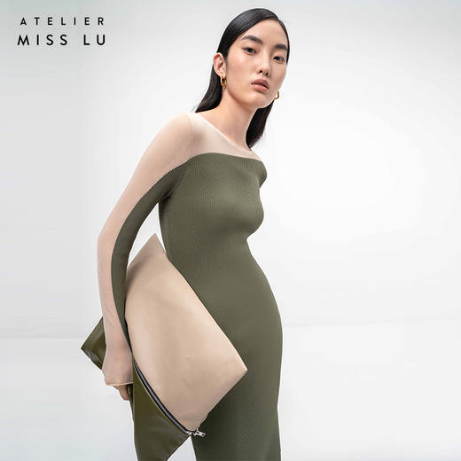 【轻暖拥抱】流畅曲线松绿拼纱长袖针织连衣裙/202105A 商品图1
