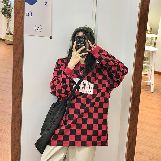 复古格子印花套头卫衣女秋bf慵懒风薄款情侣长袖上衣 商品图2