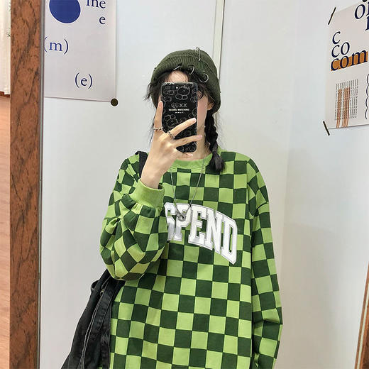 复古格子印花套头卫衣女秋bf慵懒风薄款情侣长袖上衣 商品图3