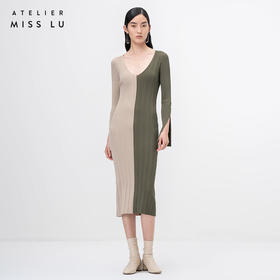 【分明姿态】直线分割松绿拼色V领长袖针织连衣裙/202102