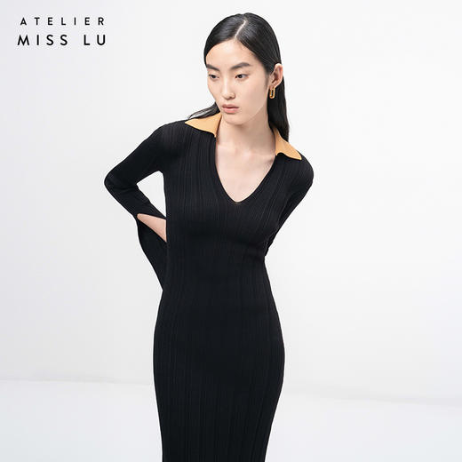 【焦糖拿铁】藤黄深黑撞色V领长袖针织连衣裙/202101A 商品图2