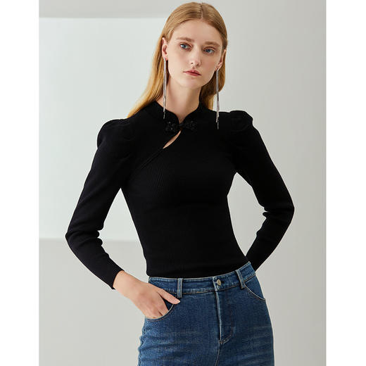 EITIE爱特爱秋季新款温柔复古中式立领盘扣修身纯羊毛针织衫C2101816 商品图3