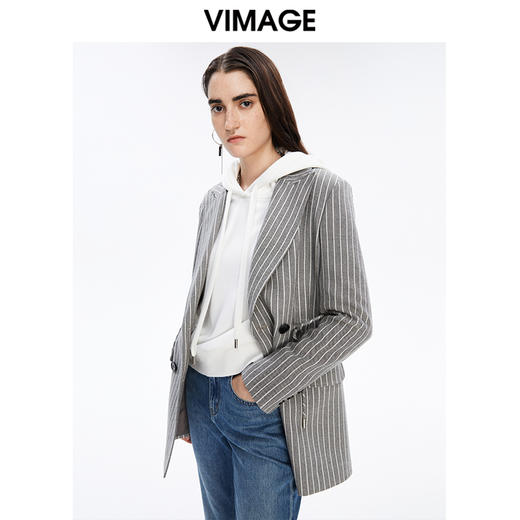 VIMAGE纬漫纪秋冬新款条纹修身休闲女士西装双排扣外套V1603223 商品图0