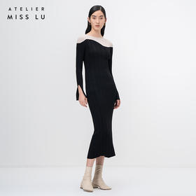 【曲线图鉴】流畅曲线黑拼米白长袖针织连衣裙/202103A