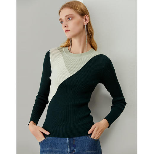 EITIE爱特爱秋季新款时尚简约通勤撞色修身显瘦纯羊毛针织衫C2101812 商品图2