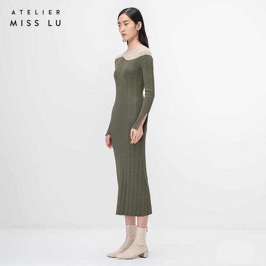【曲线图鉴】流畅曲线松绿拼色长袖针织连衣裙/202103 商品图1