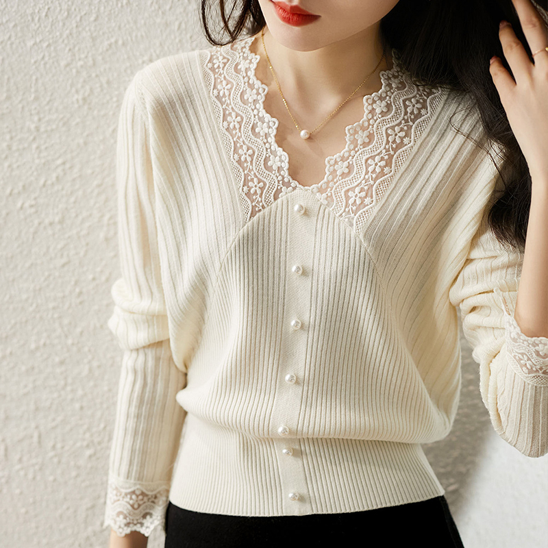 2021秋季单穿打底蕾丝针织衫新款气质V领显瘦宽松毛衣衫潮 YX1395