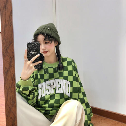 复古格子印花套头卫衣女秋bf慵懒风薄款情侣长袖上衣 商品图1