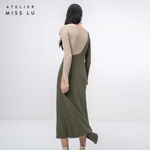 【圆半】流畅曲线松绿拼色长袖针织大摆连衣裙/202104 商品图3
