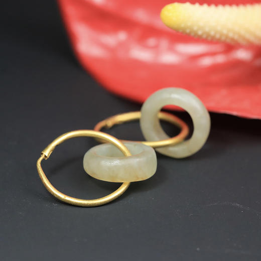 清代原装和田白玉金圈耳环 商品图2