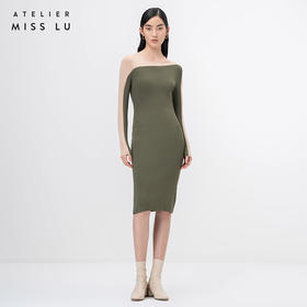 【轻暖拥抱】流畅曲线松绿拼纱长袖针织连衣裙/202105A