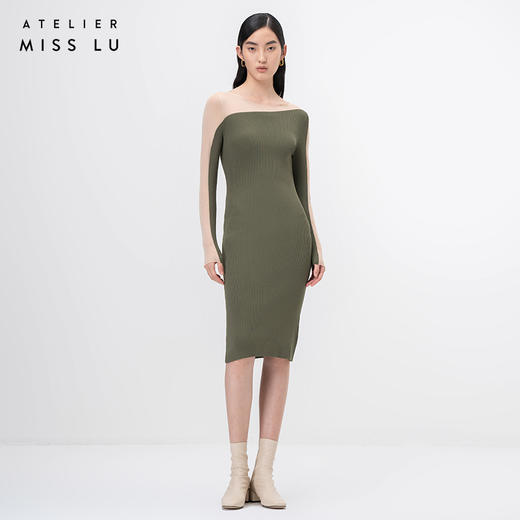 【轻暖拥抱】流畅曲线松绿拼纱长袖针织连衣裙/202105A 商品图0