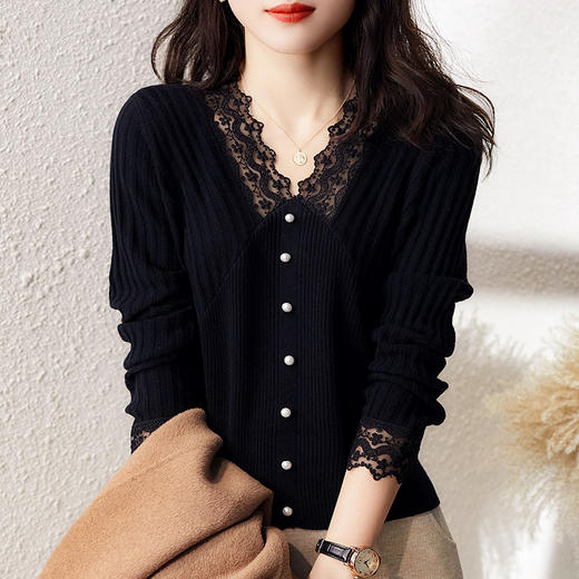 2021秋季单穿打底蕾丝针织衫新款气质V领显瘦宽松毛衣衫潮 YX1395 商品图1