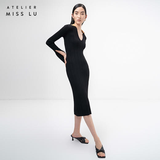 【焦糖拿铁】藤黄深黑撞色V领长袖针织连衣裙/202101A 商品图1