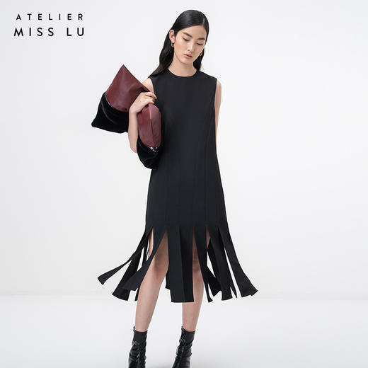 【散落】下摆流苏拼缝设计黑色落肩宽松连衣裙/0000764 商品图2