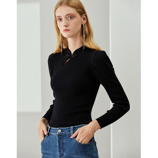 EITIE爱特爱秋季新款温柔复古中式立领盘扣修身纯羊毛针织衫C2101816 商品图2