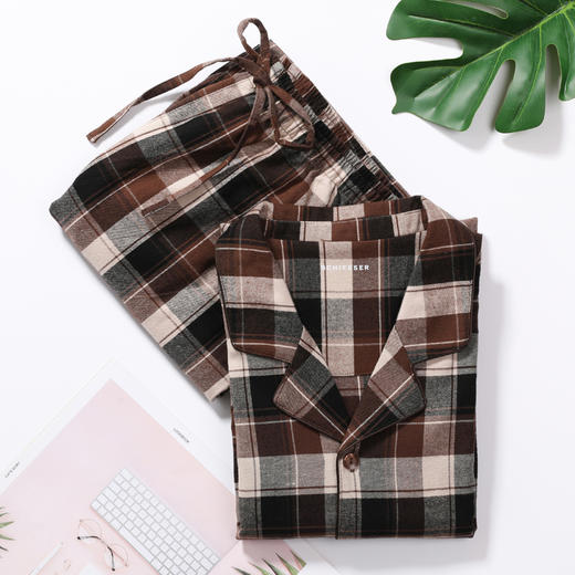 舒雅21年秋冬新款男士纯棉格子长袖长裤翻领家居服套装39/19264H 商品图0