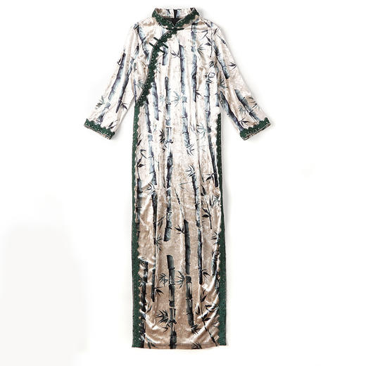 上海旗袍厂AYK-QF-1909047-B印墨竹中袖修身长款丝绒旗袍裙秋季国潮女装复古旗袍连衣裙 商品图4