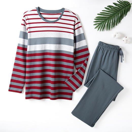 舒雅21年秋冬新款全纯棉条纹长袖男士家居服套装39/17371H 商品图1