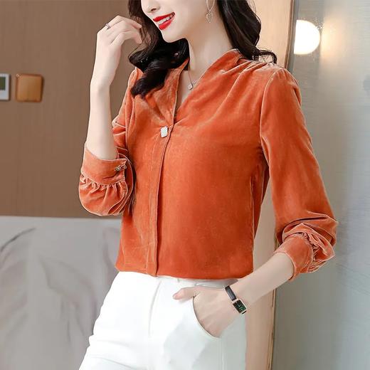 KQL A83N8060纯色气质金丝绒衬衫 商品图3