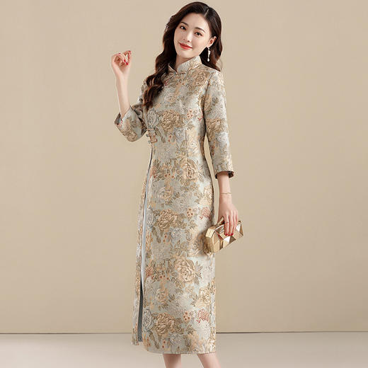 上海旗袍厂AYK-QF-210702提花金丝牡丹长款旗袍时尚改良拼接修身国风连衣裙2021秋复古女装 商品图2