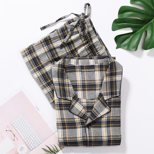 舒雅21年秋冬新款男士纯棉格子长袖长裤翻领家居服套装39/19264H 商品图2