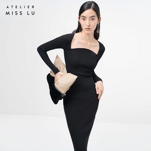 【立月】山丘领黑色长袖针织连衣裙/202108 商品图2