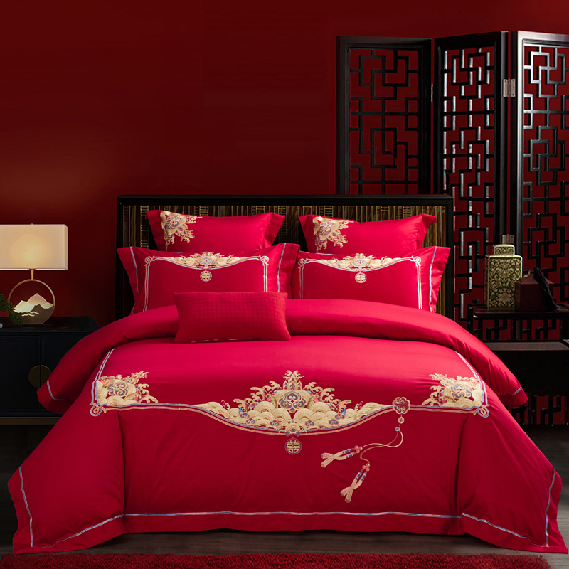 利路米新款寓意美好祥瑞浪漫婚庆纯棉缎纹绣花六件套