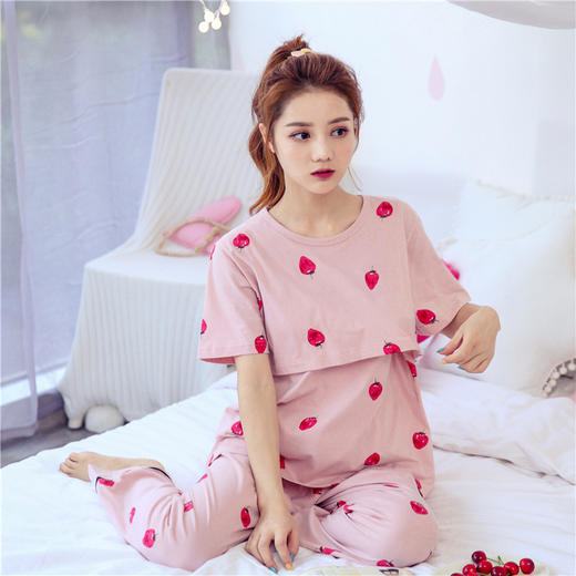 纯棉中长款三件套孕妇哺乳月子服秋冬韩版双面全棉长袖长裤草莓 商品图4