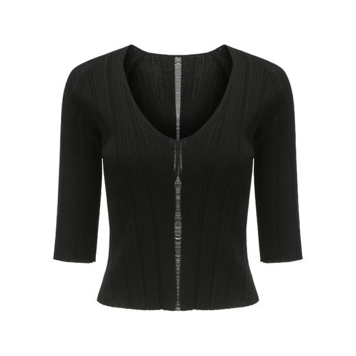 【丝丝相扣】丝缕镂空设计黑色V领中袖针织上衣/202114 商品图4