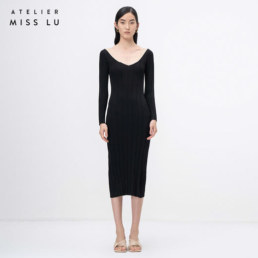 【温若夕下】黑色拼纱长袖针织连衣裙/202116A 商品图0