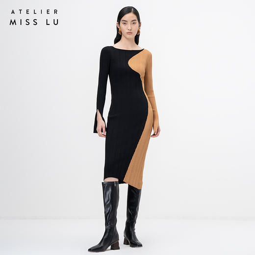 【暖息】流畅曲线深黑藤黄拼色长袖针织连衣裙/202107 商品图0