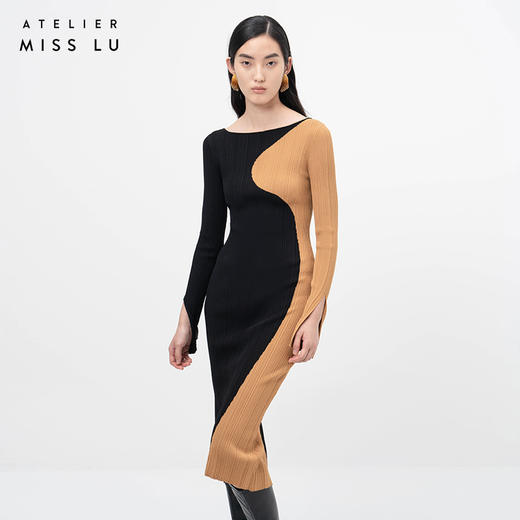 【暖息】流畅曲线深黑藤黄拼色长袖针织连衣裙/202107 商品图2
