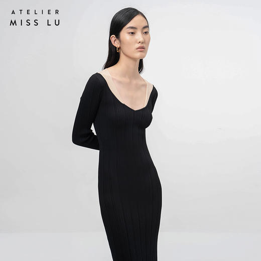 【温若夕下】黑色拼纱长袖针织连衣裙/202116A 商品图2