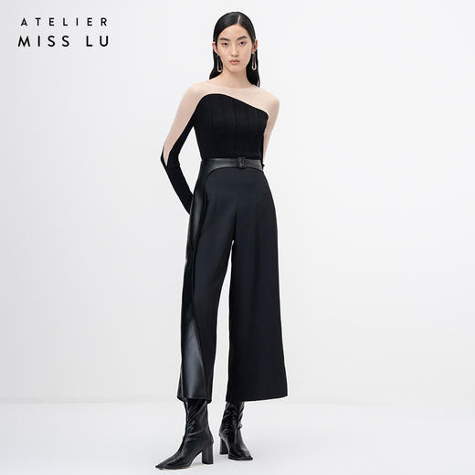 【近月之丘】流畅曲线黑色拼纱长袖针织上衣/202118 商品图0