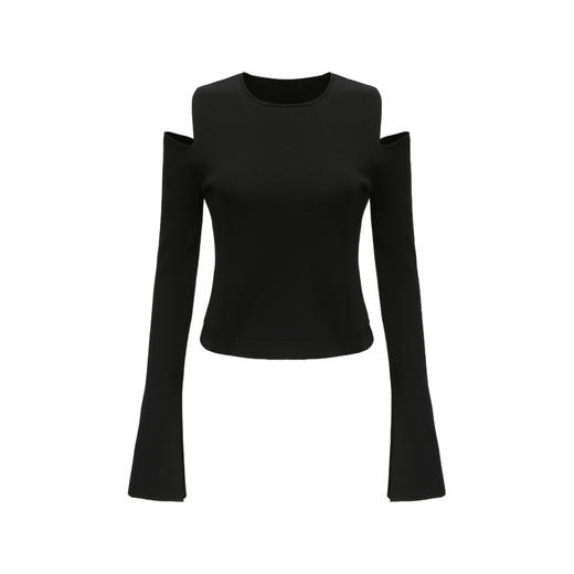 【松林月影】露肩设计微喇长袖黑色针织上衣/202110A 商品图4