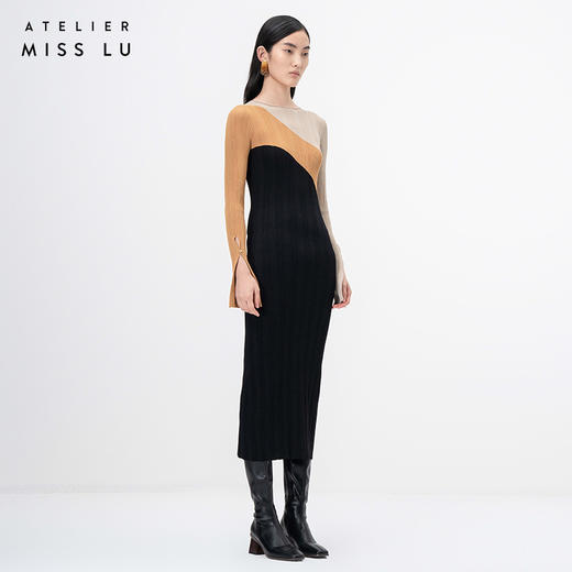 【轮廓线】流畅曲线三色拼接长袖针织连衣裙/202106 商品图2