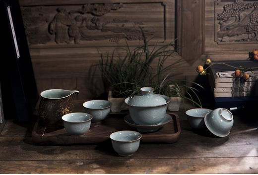 龙泉青瓷哥窑茶具陶瓷家用功夫整套茶具盖碗茶具礼品套装 商品图0