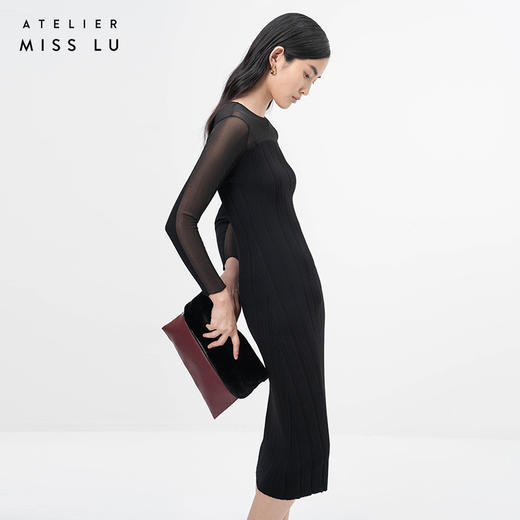 【古堡晚宴】弧形拼纱黑色长袖针织连衣裙/202109 商品图2