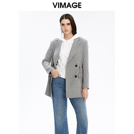 VIMAGE纬漫纪秋冬新款条纹修身休闲女士西装双排扣外套V1603223 商品图1