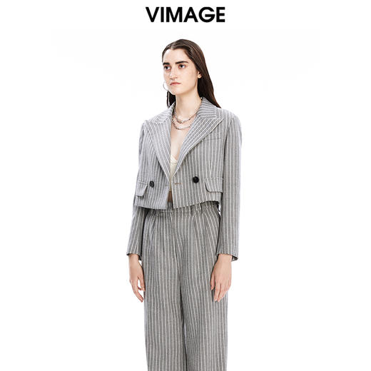 VIMAGE纬漫纪秋冬新款条纹修身女士西装短款外套V1603224 商品图1