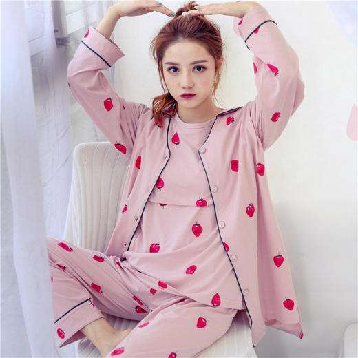 纯棉中长款三件套孕妇哺乳月子服秋冬韩版双面全棉长袖长裤草莓 商品图3