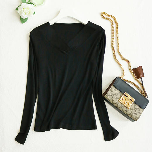 TG-TG03S167 秋冬真丝长袖V领打底衫 桑蚕丝内搭保暖上衣长袖 商品图5