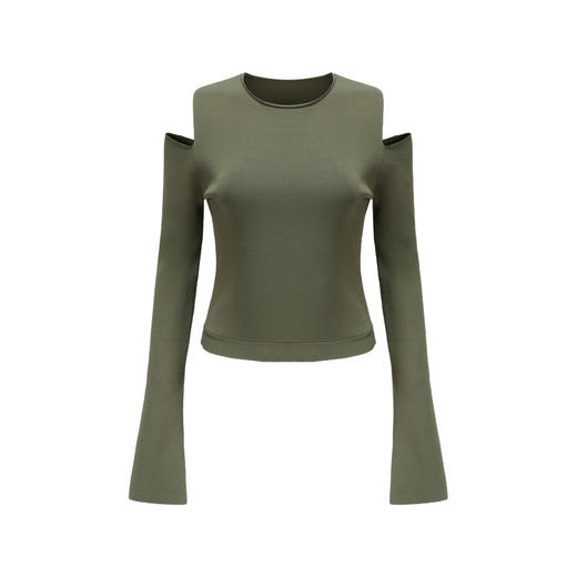 【松林月影】露肩设计微喇长袖松绿针织上衣/202110 商品图4